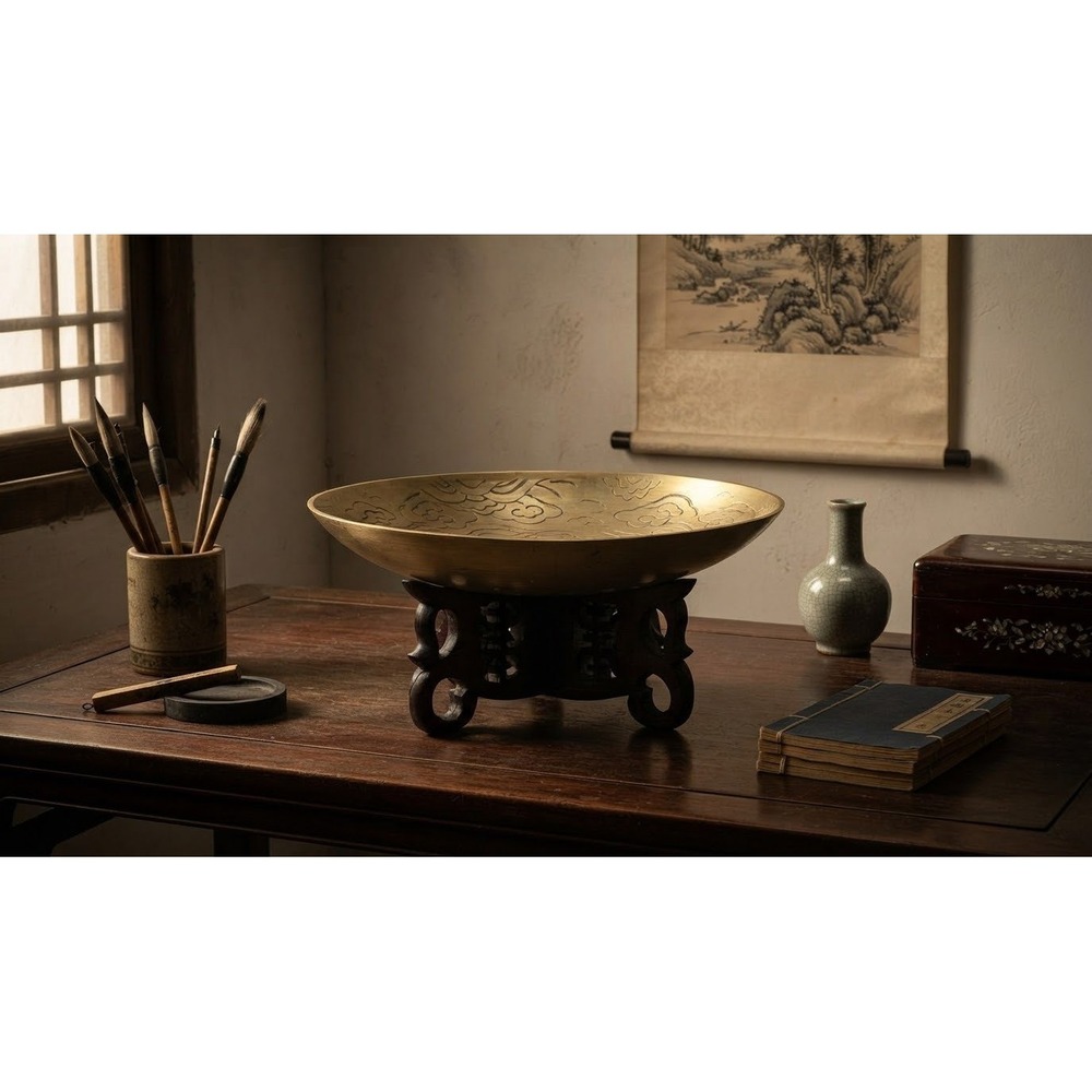 Antique Chinese Engraved Brass Dragon Bowl with Carved Hardwood Stand C.1920s